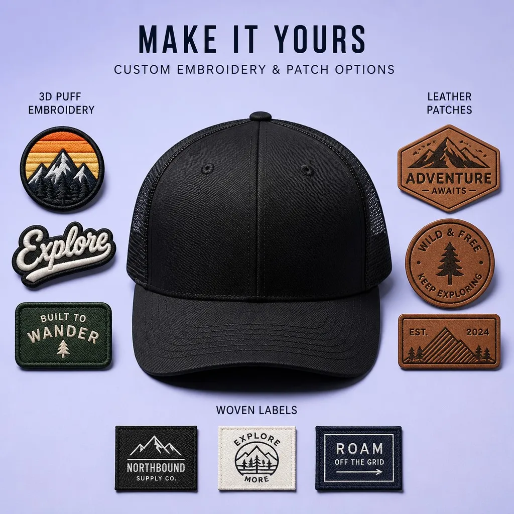 Custom 6-Panel Trucker Hat with 3D Puff Embroidery, Leather Patches, and Woven Labels Array