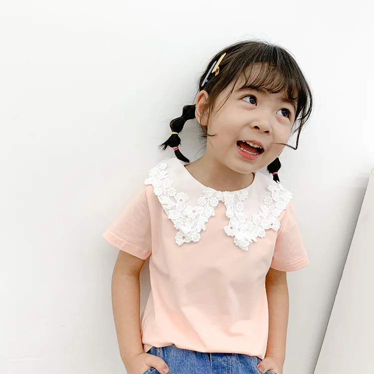 

Children's wear 2021 summer girls small fresh lace doll collar short sleeve T shirt baby Korean edition of pure color top