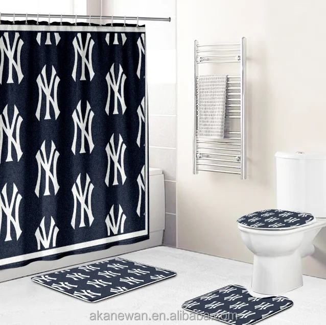 

4PCS Wholesale special price blue New York Yankees themed shower curtain set 3D print new luxury Shower Curtain Bathroom Sets