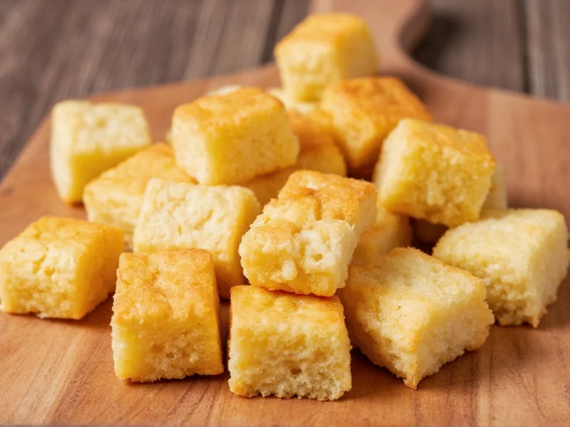Golden homemade croutons on wooden cutting board