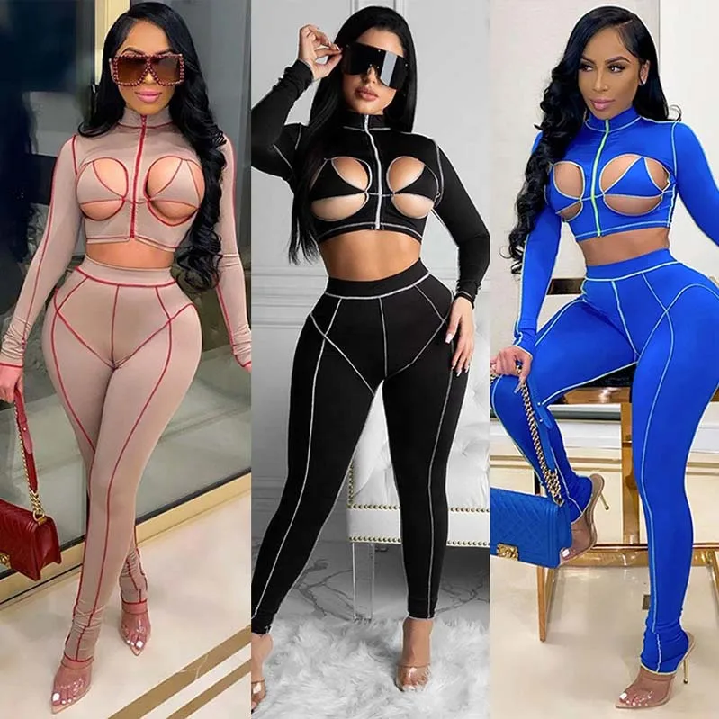 

2022 New Design Sexy Two Piece Set Women Clothing Stretchy Hollow Crop Top And High Waist Pants Boutique Outfits Lucky Label, Picture