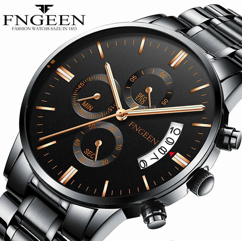 

Top Brand Fashion FNGEEN Simple Quartz Stainless Steel Calendar Sport Minimalist Luminous Leather Men Wrist Watch