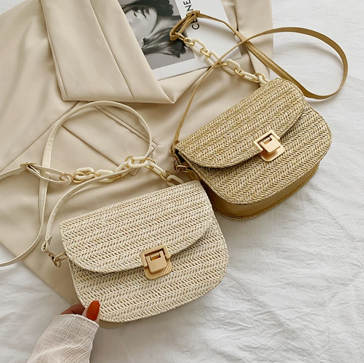 

New Fashion Mini personality Lady Shoulder Bag Chain Small Square Summer Beach Straw Bags Women purses and handbags, 2 colors