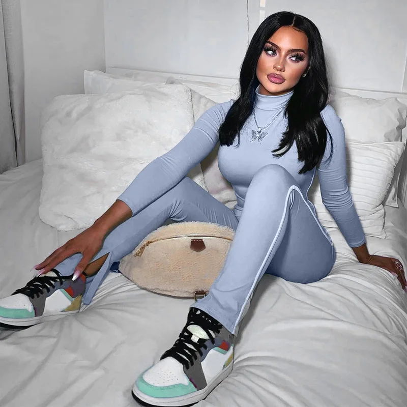 

J J 2021 Spring Mock Neck Contrast Color Clothing Fitness Gym Skinny Long Sleeve Bodycon One Piece Sexy Women Jumpsuit, Gray,black,green,pink,brown