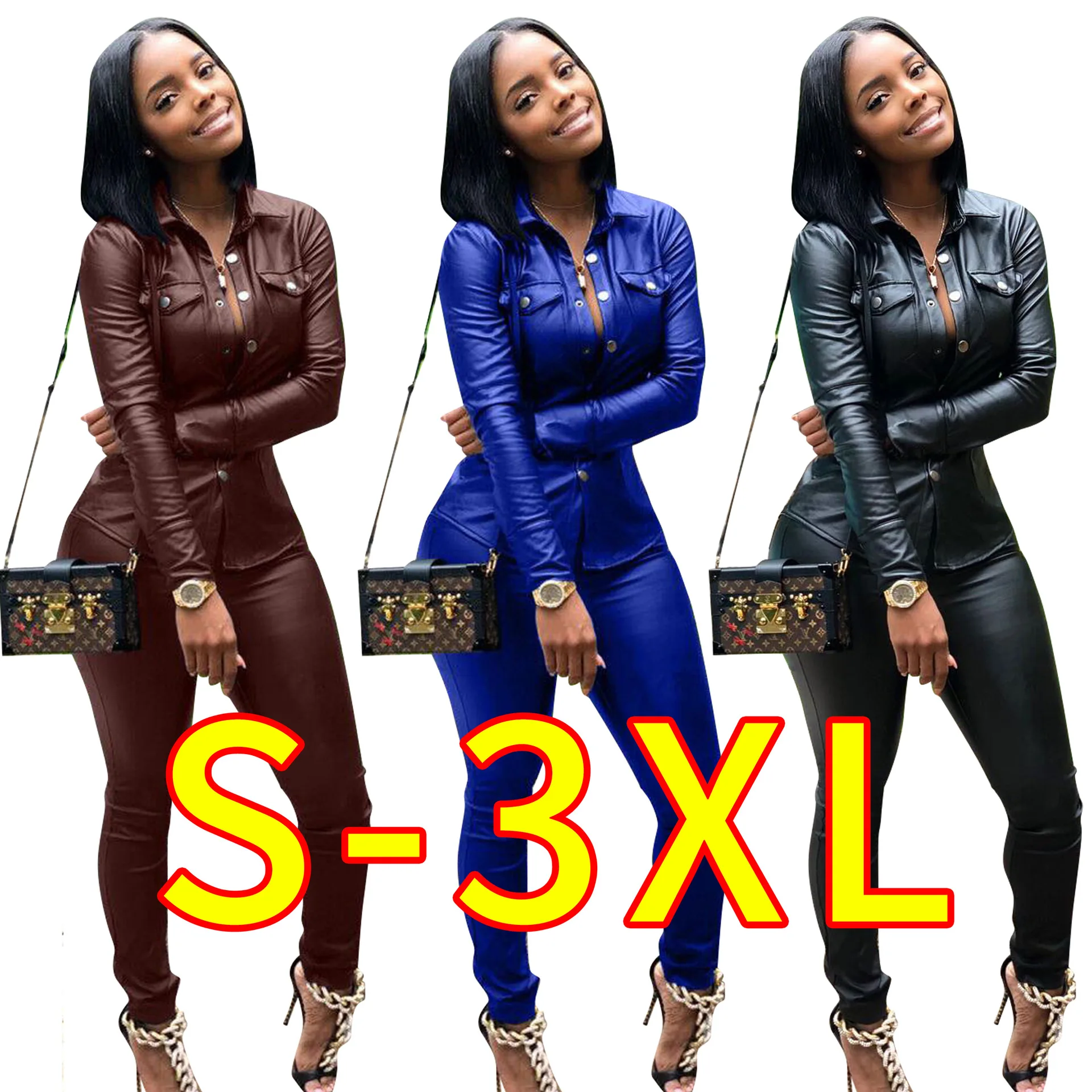

European and American women's leather hot style cardigan two piece set sports suit black leather outfit, Customized color/as show