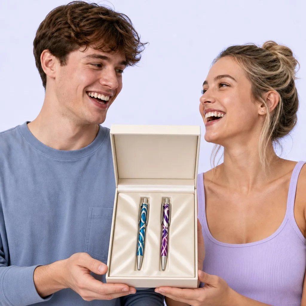 A couple holding an open gift box with two patterned pens