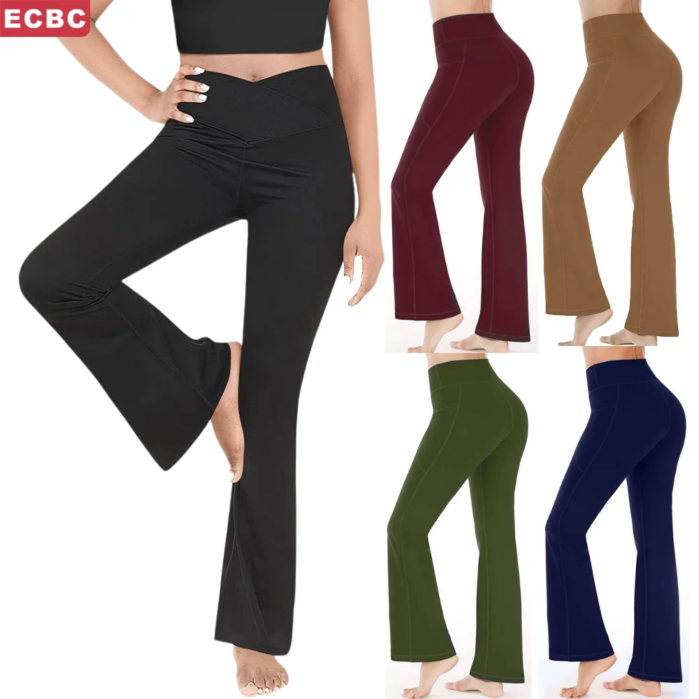 

ECBC Lulu Lemon Woman Workout Pants High Waist Flared V Cut Shape Waisted Yoga Leggins Flare Leggings With Pocket For Women, Can be customized pantone color