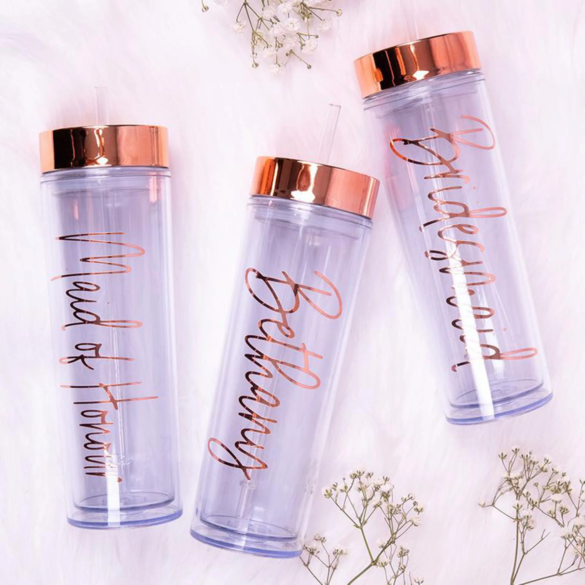

Skinny Tumbler 16oz Clear Double Wall Acrylic Tumblers With Straw and Metallic Rose Gold Lids Personalized Party Skinny Tumbler, Clear color body with colored lid
