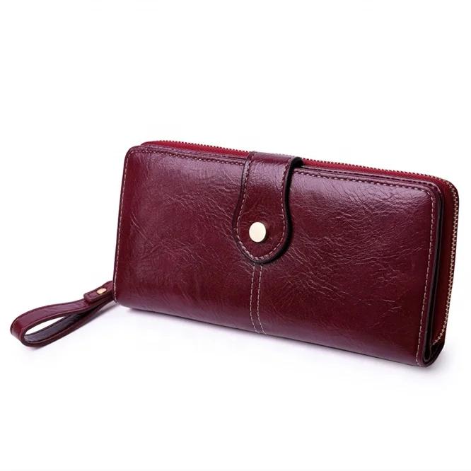 

High quality woman long card holder phone purse oil wax leather wallet