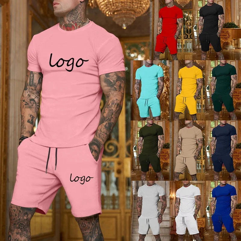

Embroidery Logo 2 Piece Set Summer T Shirt and Biker Shorts Outfits Two Piece Set Casual Plain Tracksuits for Men, 11 colors