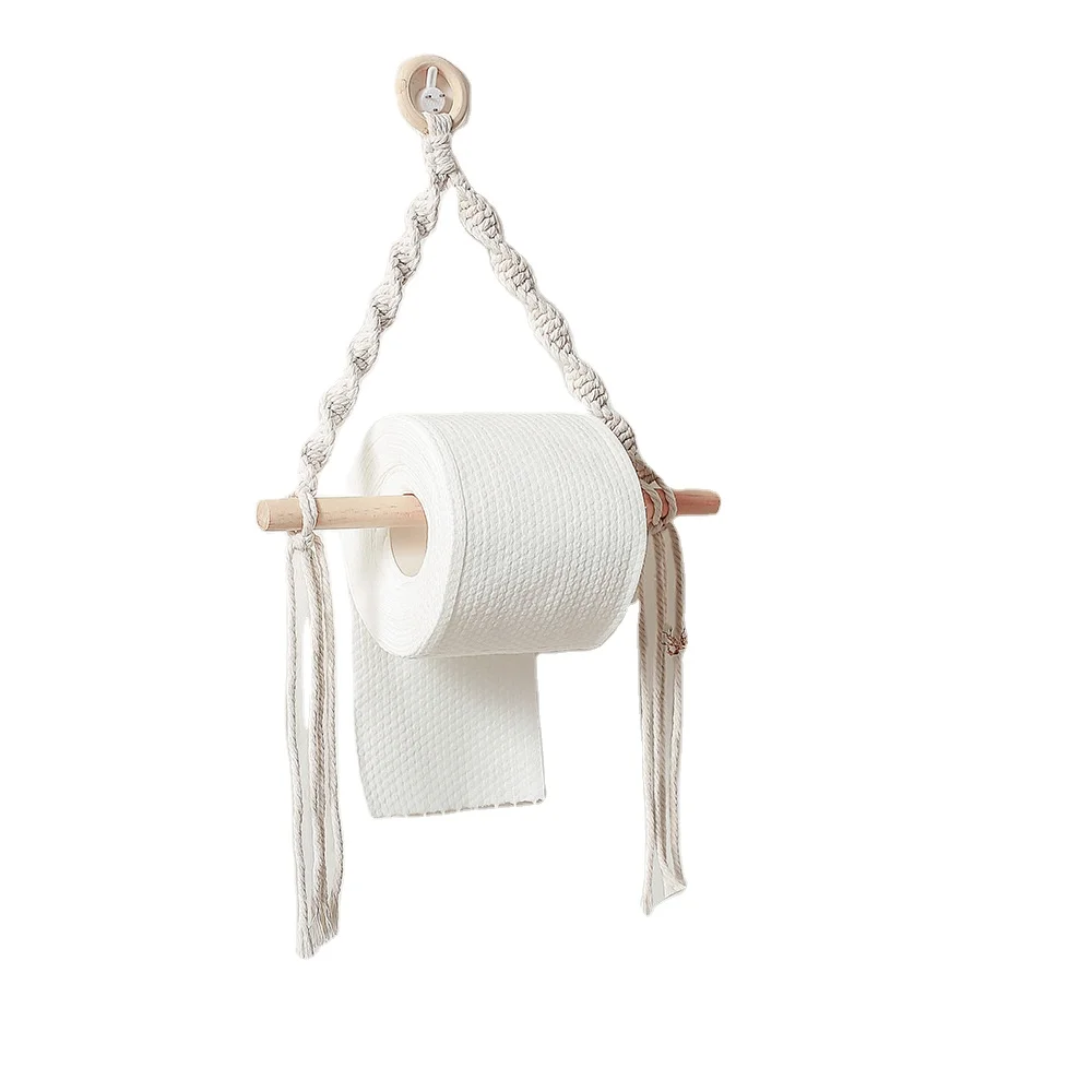 

New Design Fashion Bohemian Wood And Woven Rope Macrame Wall Hanging Shelf For Toilet Paper, Picture