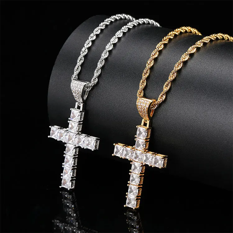 

XuQian Gold Silver Color Hip Hop Christmas Necklace New Gold-plated Cubic Zircon Cross Pendant Jesus Christ Necklace