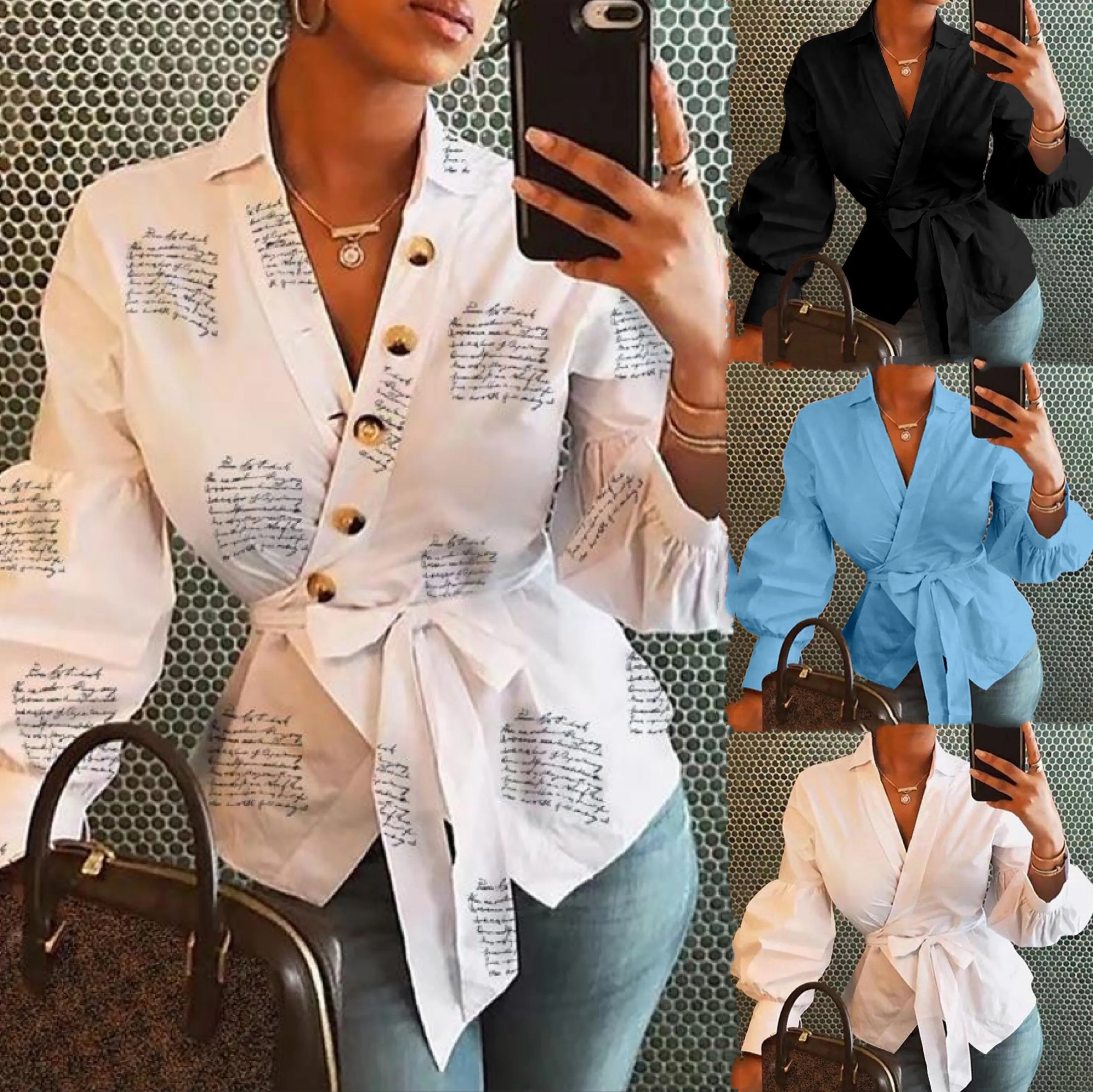 

Fashion Tops For Elegant V-Neck Women Button Down Shirt For Puff Sleeve Womens Fall Tops Shirts, As pictures