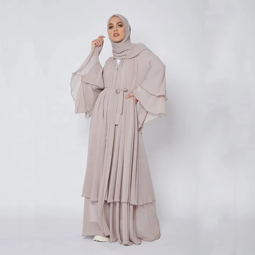 

Wholesale Turkey Oman Elegant Kimono Islamic Clothing Women Muslim Dress Two Layers Chiffon Modest Muslim Dress Open Dubai Abaya