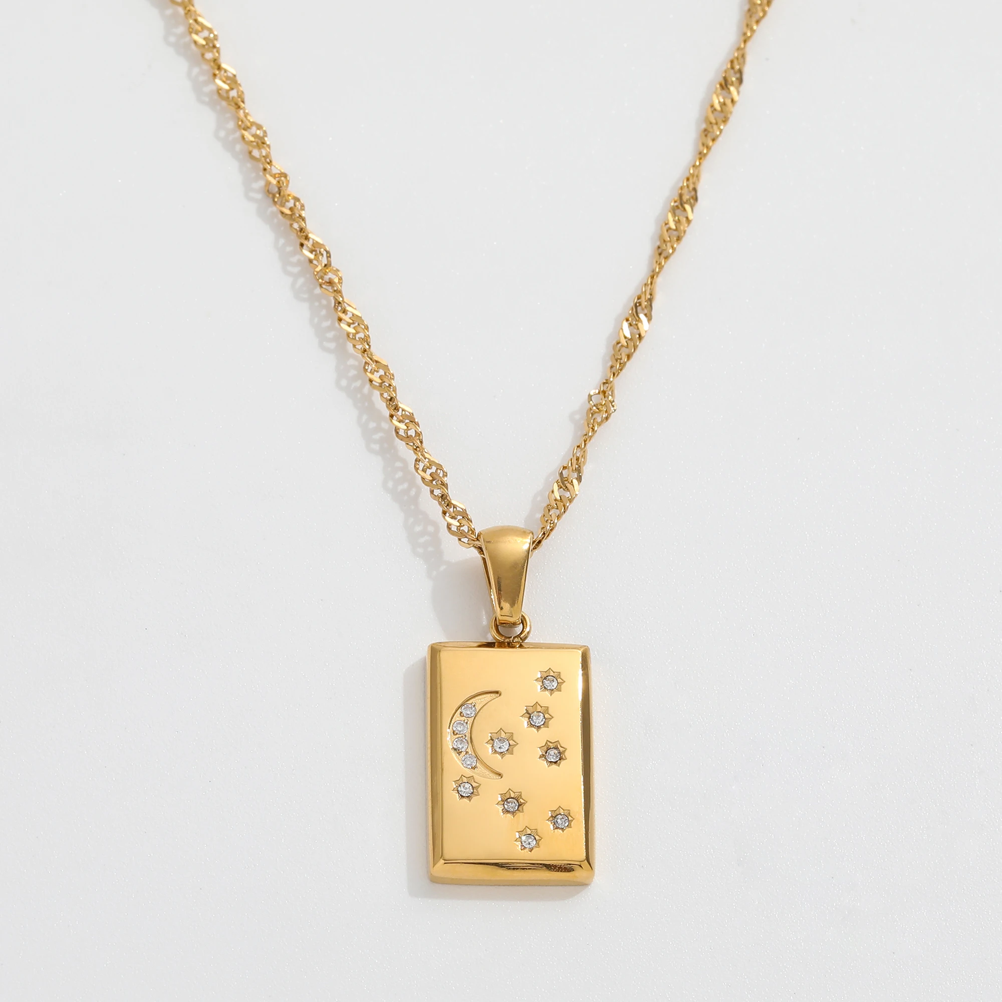 

JLN0220 Joolim High End 18K PVD Gold Plated Moon Star Zircon Rectangle Pendant Stainless Steel Necklace