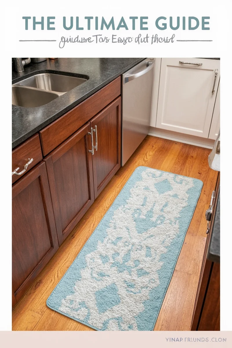 A bright, modern kitchen with a navy blue Ruggable runner running down the center.