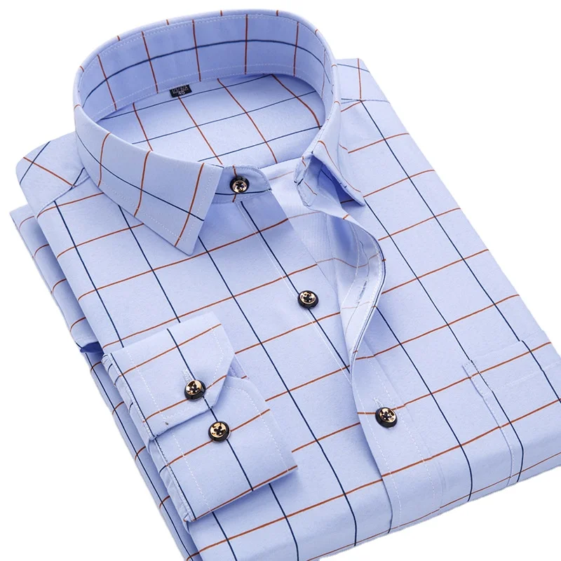 

Men Business Plaid Shirt Long Sleeve Shirt Brand Formal Cotton Printing Men Dress Shirt, As picture