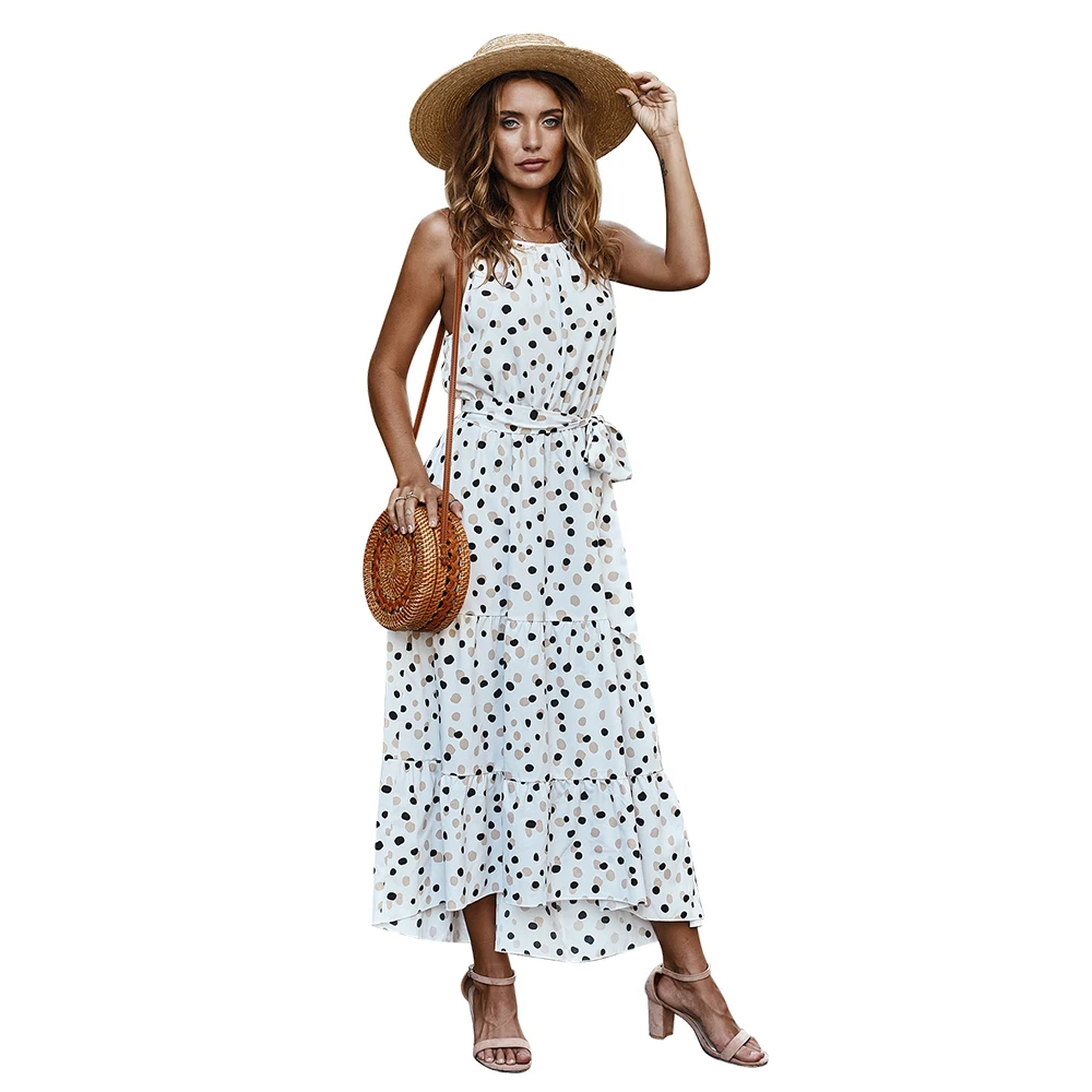 

2021 Summer Polka Dot Holiday Style Sleeveless Women's Dress, White, pink, red, light green, navy blue