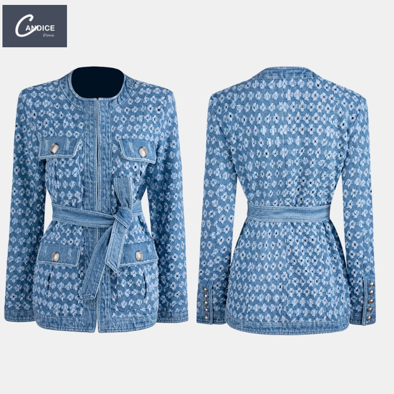 

Candice new trendy round collar handmade worn hollow out distressed belt denim jacket womens fall jeans coats