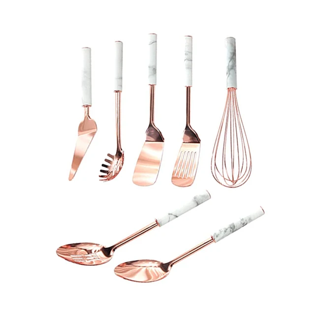 

Fashion 7 Piece Kitchen Cooking Tool Stainless Steel Marble Rose Gold Kitchen Utensil Set