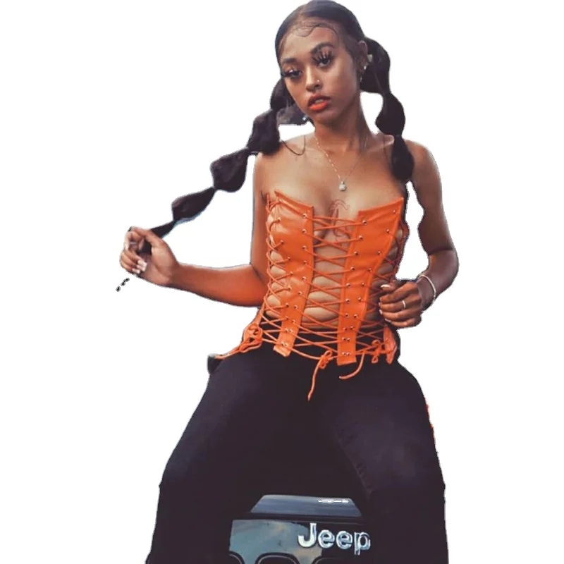 

2021 Summer Ladies Streetwear Sexy Corset Bandage Vest Hollow Out Crop Tops