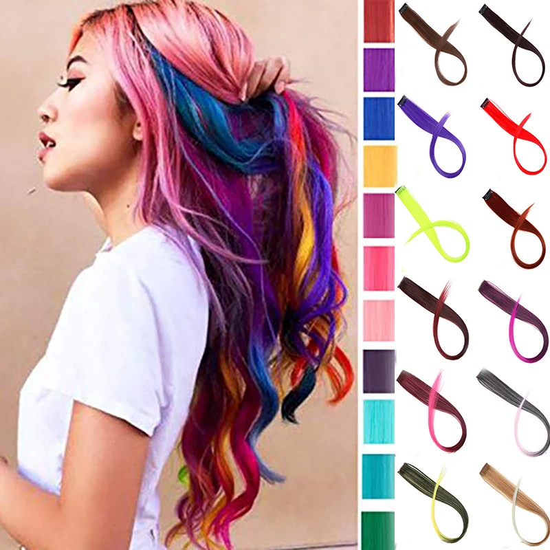 

long straight false color Extensions Clip Highlight Rainbow Streak Pink Synthetic Hair Strands on Clips