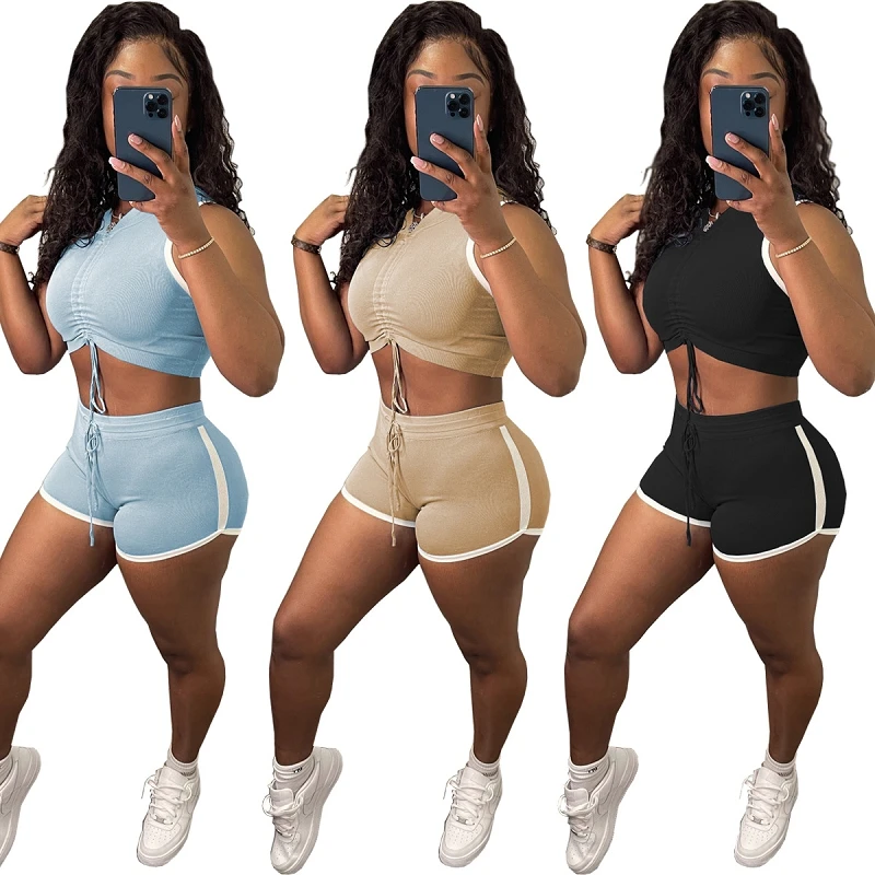 

EB-20042807 Fashion solid color vest crop top hoodie yoga suit sport wear designer joggers two piece short set women, 3 colors