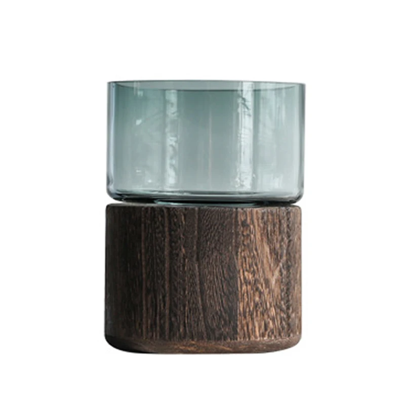 

Small Cylindrical Glass Vase Modern Design Solid Wood Base Luxury Living Room Wedding Decor Bedside Plants Holder Crafts Gift, Picture