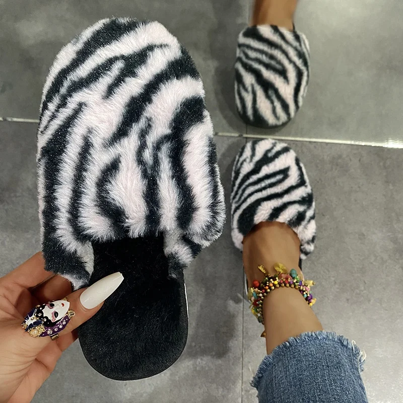 

Fashion Zebra Stripe Printing Indoor House Women Faux Fur Slipper Bedroom Warm Slippers Woman Girl's Winter Fuzzy Slippers, White pink brown
