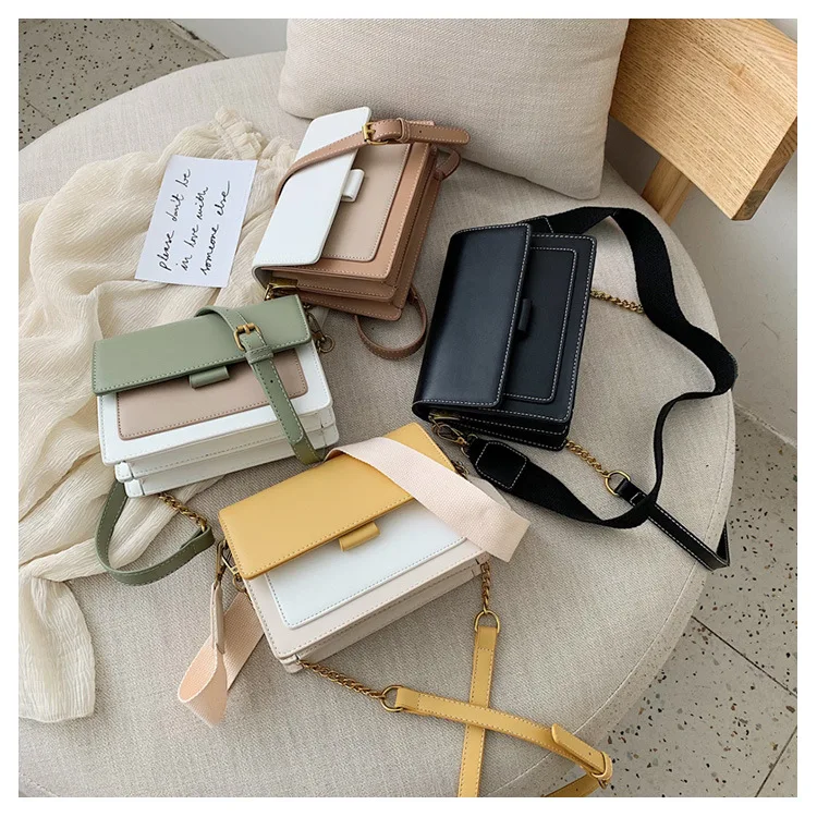 

2020 Fashion Chain Flap Bag For Women Casual Square PU Leather Messenger Shoulder Handbag, Yellow, green, black, khaki