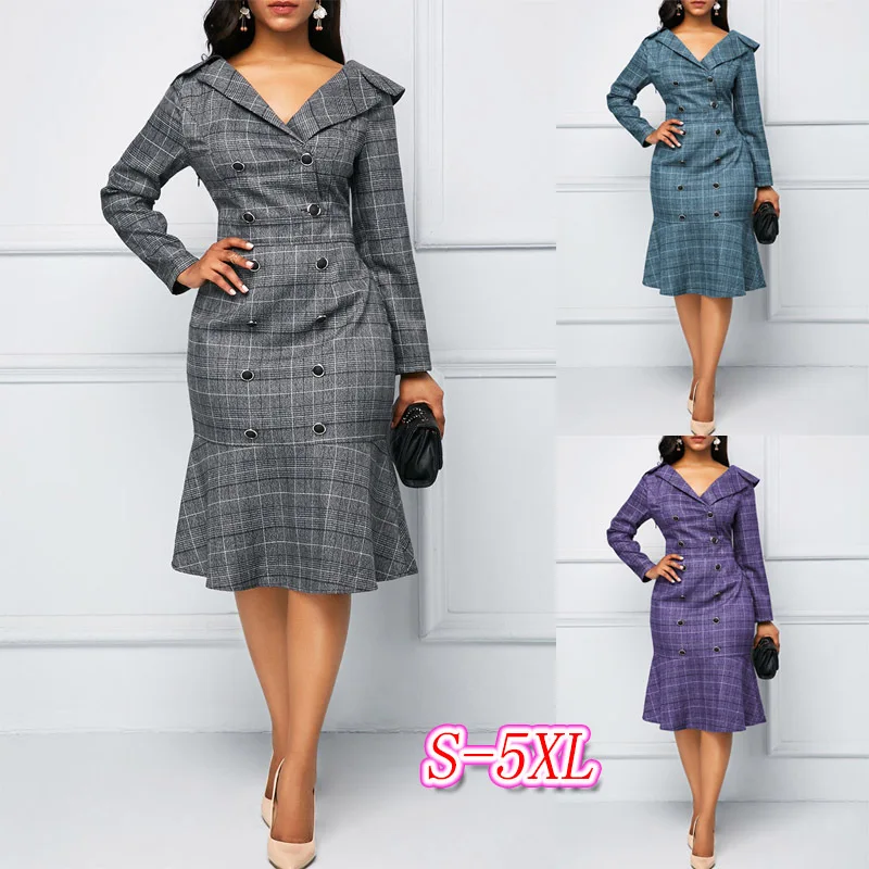 

Fashion Women Long Sleeve Plaid Dress Formal Office Dress For Lady, Blue, purple, grey