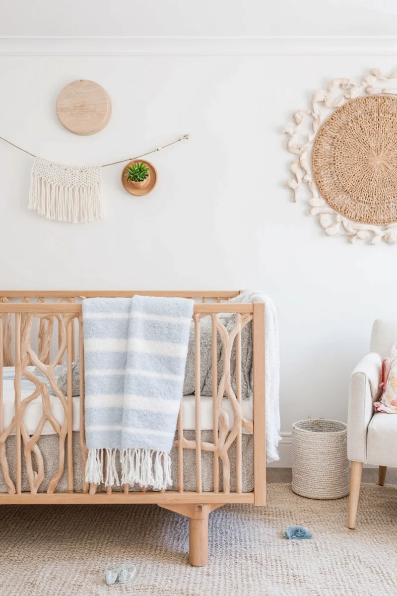 Color swatches and sample nursery layout showing calming tones