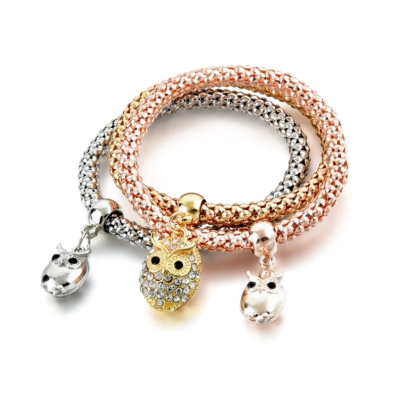 

Fashion Bracelet for women owl pendant inlaid zircon personality simple TriColor popcorn Chain Multilayer Bracelet