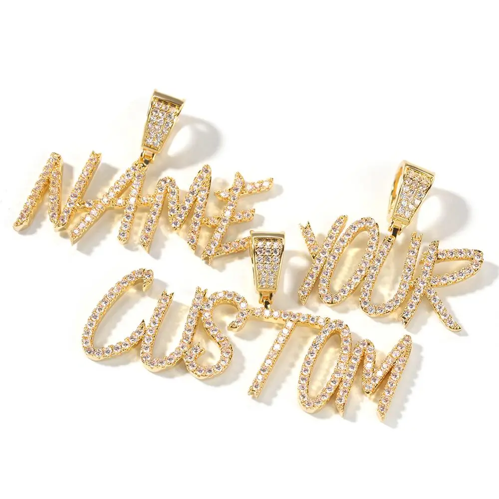 

THE BLING KING Hiphop Name Cursive Writing Initial Letters Pendant Necklace Words Name Full Iced Cubic Zirconia Jewelry, As pictures