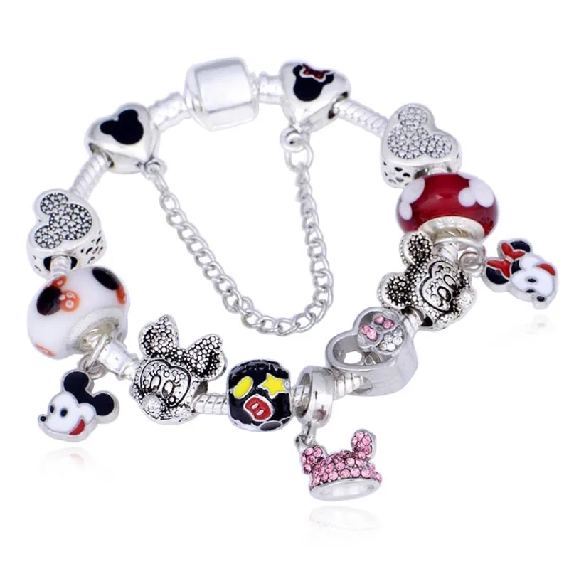 

DIY Mickey Minnie Series Bracelet w/ Crown Charms Parent-child Jewelry Girls Diamond Charm Bracelet Kid Crystal Beaded Bracelets, Gold/silver