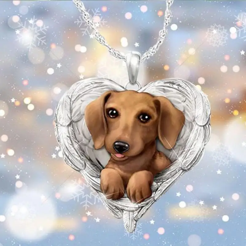 

Exquisite Dachshund Female Heart Pendant Angel Wings Wrapped Pet Puppy Necklace