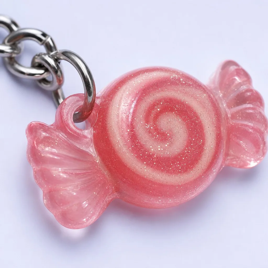 Macro Pink Glitter Swirl Wrapped Candy Keychain