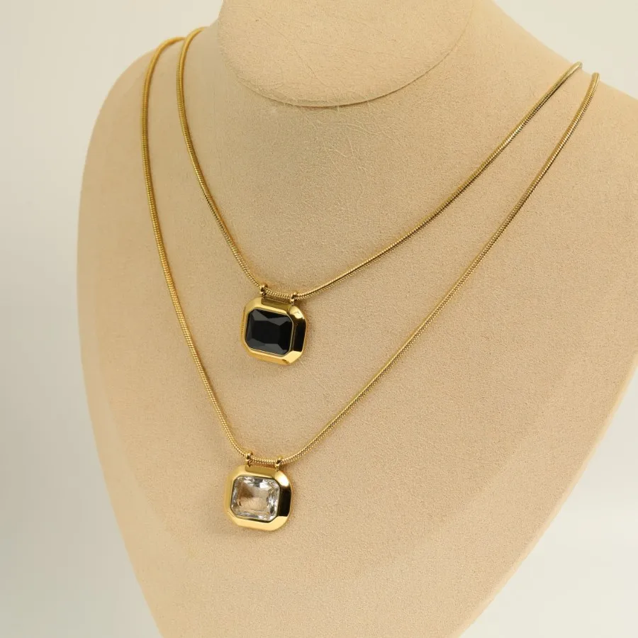 

fashion Jewelry Waterproof Square pendant with opal necklace for Women 18K Plated Stainless Steel Jewelry Gift