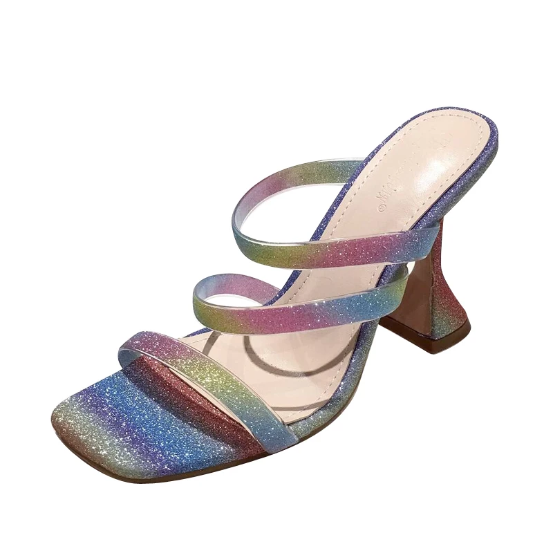 

2020 New Summer Shoes Women Slides Square Toe Sandals Ladies Colorful Glitter High Heels Slippers Female Fashion Shoes Plus Size, Rainbow colors