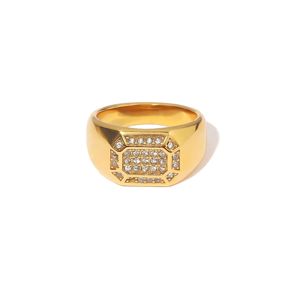 

Tarnish Free Ins Popular Geometric Shiny Cubic Zircon Chunky 18K PVD Gold Plated Stainless Steel Ring