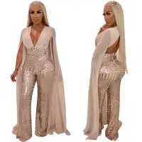 

Wholesale Fashion Hot Sale Tight Slim Fit Skinny Sequin Deep V Neck Evening Party Glitter Jumpsuit