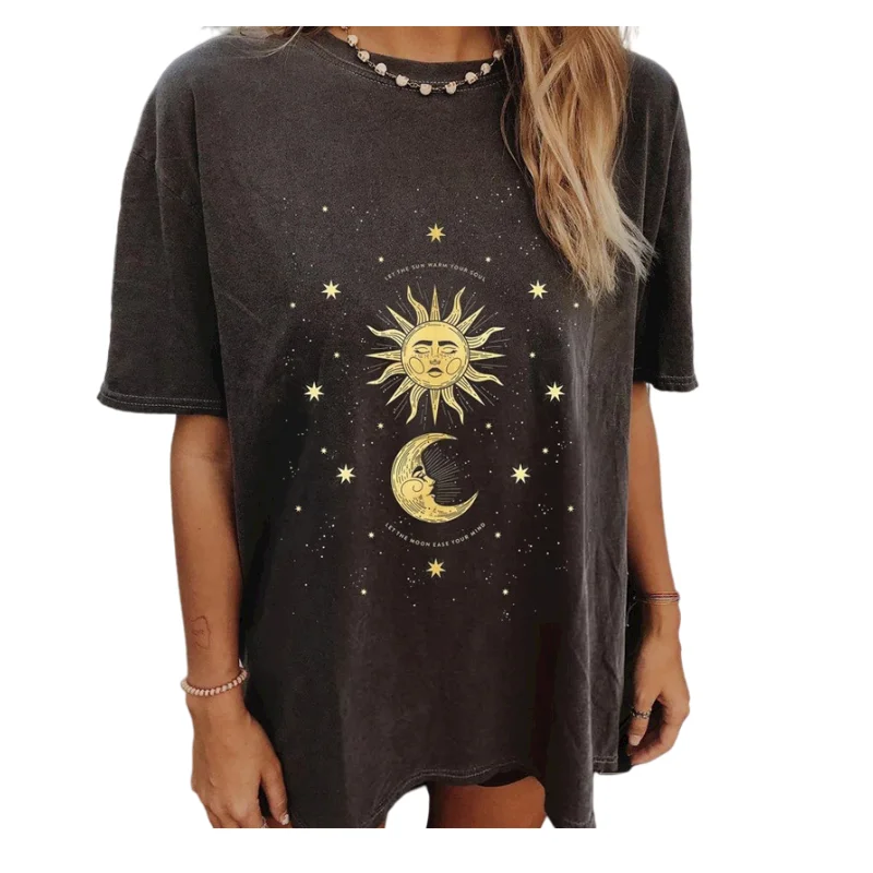 

2021 oversized crew neck print medium length Pullover T-shirt