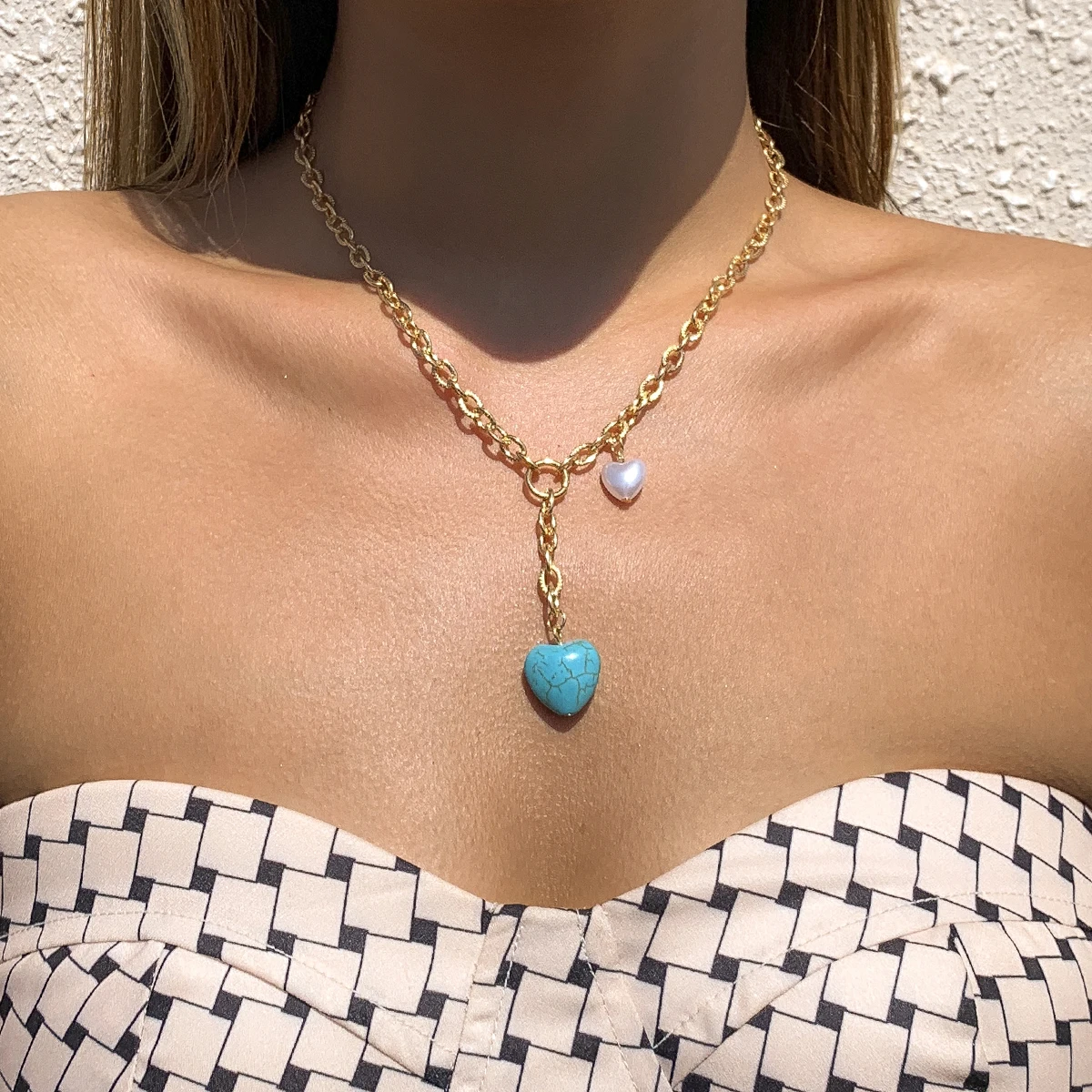 

SHIXIN Heart Turquoise Pearl Pendant Necklace Elegant Gold Link Chain Necklace Trendy Y-Shaped Necklace for Women