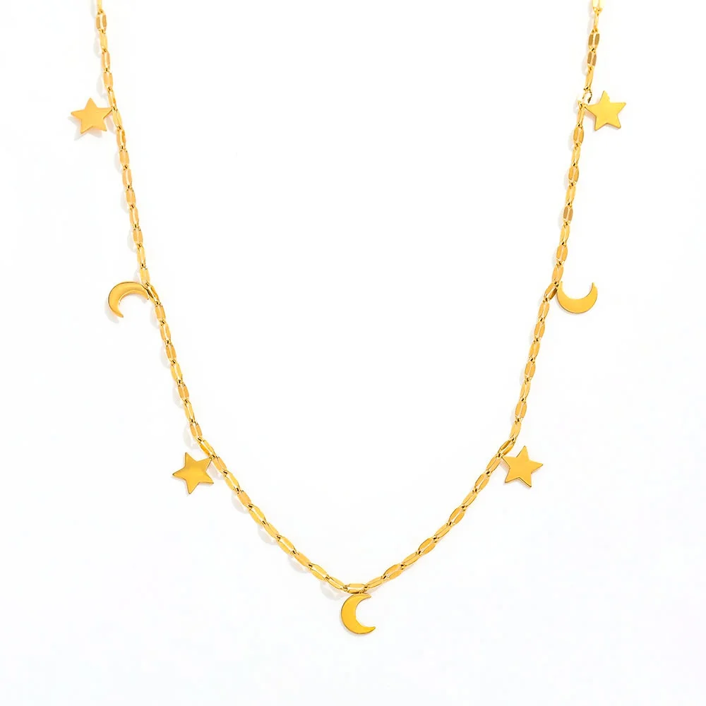 Joolim 18k PVD Gold Plated Lip Chain Moon Star Tassel Pendant Stainless Steel Necklace Trendy Jewelry