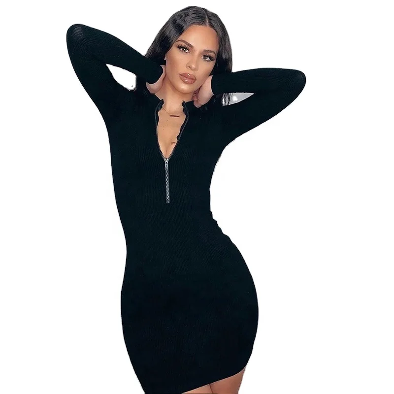 

2021New Solid Color Deep V-neck Long Sleeve Zip Up Bodycon Mini Dress Fashion Sexy Casual Dress