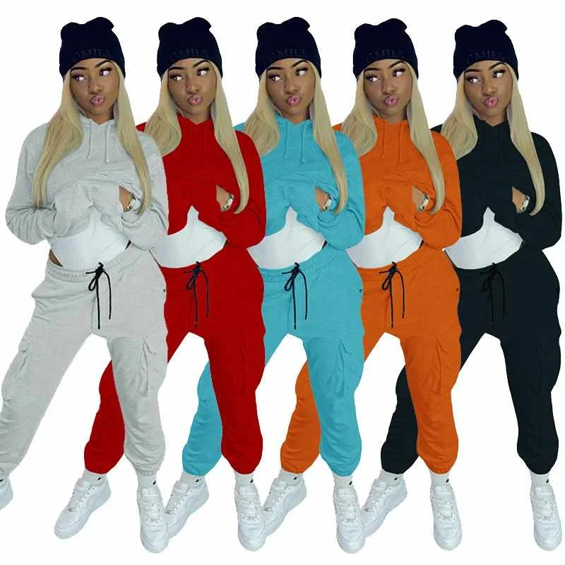 

Casual whole sale cargo joggers and hoodies 2 pieces track sport suits for ladies