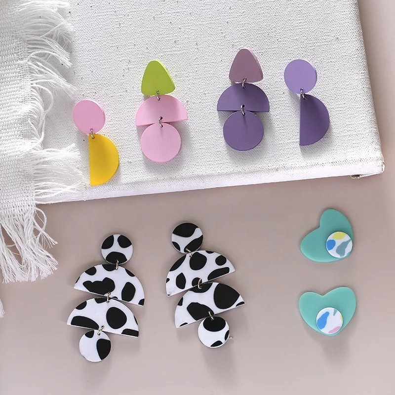 

JUHU 2020 Summer Bohemian Style Big Hot-Selling Resin Novel Geometric Design Clay Texture Acrylic Women's Stud Earrings, Colorful