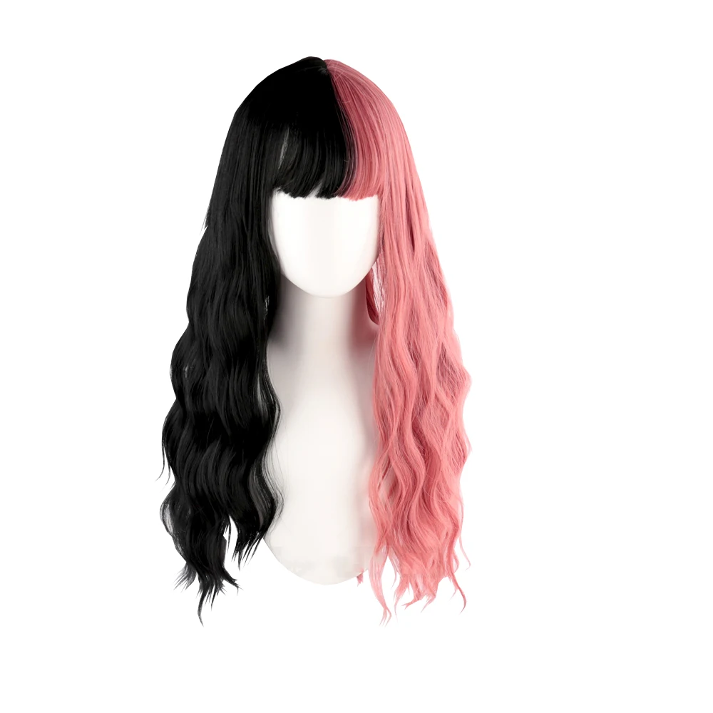 

Pink Black Color Combination Matching Long Curly Synthetic Hair Wig Sweet Lolita Japanese Cosplay Party Natural Female Wigs, Pic showed