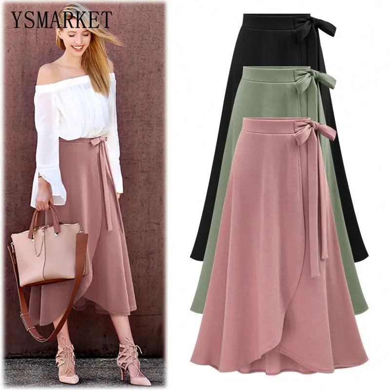 

M-5Xl Womens Vintage Slit Long Skirts Plus Size Ladies Jupe High Waist Bowtie Summer Slim Casual Asymmetric Skirt Saia