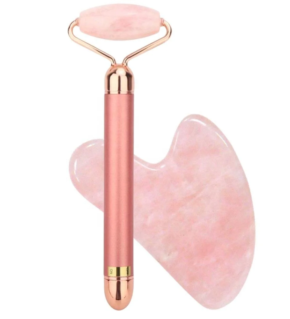 

Ready to Ship#Electric Jade Roller Rose Quartz Facial Roller with Gua Sha Set, Pink